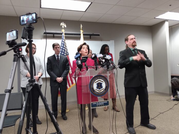 GOV. GINA M. RAIMONDO gives an update on the spread of the coronavirus in Rhode Island at a recent news conference. / PBN FILE PHOTO/ELIZABETH GRAHAM