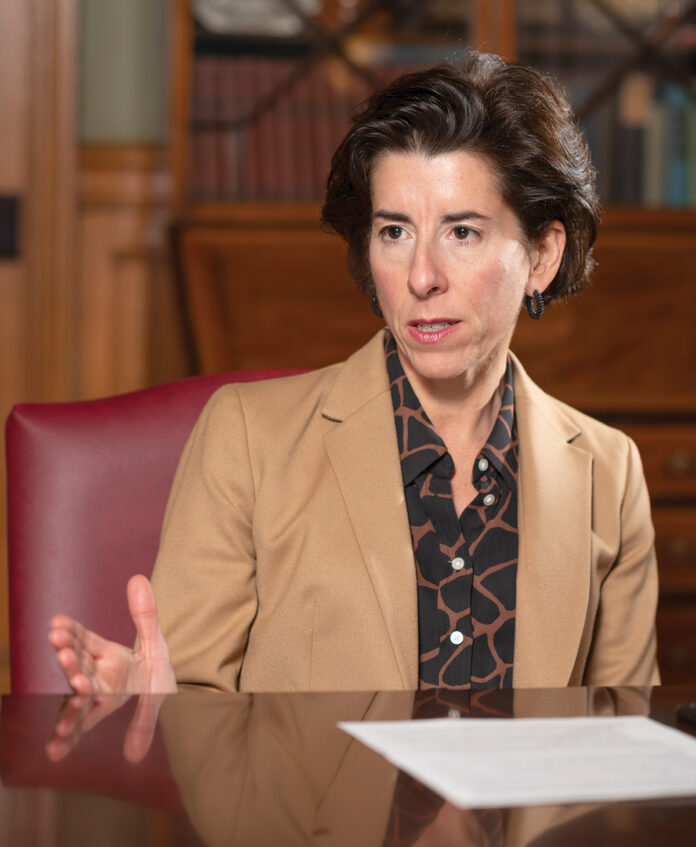 MOST RHODE ISLAND voters approve Gov. Gina M. Raimondo's job performance during the COVID-19 pandemic, according to a survey released Thursday by the Hassenfeld Institute for Public Leadership at Bryant University. / PBN FILE PHOTO/MICHAEL SALERNO