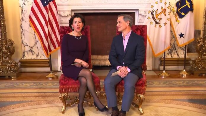 GOV. GINA M. RAIMONDO and her husband, Andy Moffit, released a prerecorded address on Easter Sunday that took the place of her daily coronavirus briefing. / COURTESY CAPITAL TV