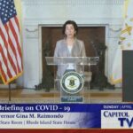 GOV. GINA M. RAIMONDO says it's too early to tell whether the two-day decline in the number of new COVID-19 cases is a lasting trend. / COURTESY R.I. CAPITOL TV