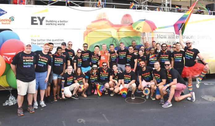FEELING OF PRIDE: Ernst & Young LLP Providence employees gather during a recent Pride Day event. / COURTESY ERNST & YOUNG LLP