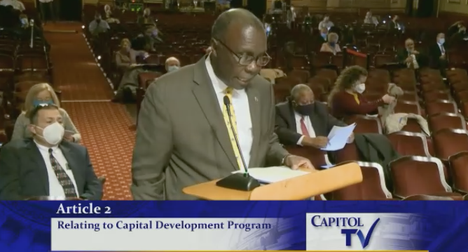 REP. MARVIN ABNEY, D-Newport, the chairman of the House Finance Committee, discusses the fiscal 2021 state budget, which the House approved Wednesday. / COURTESY CAPITOL TV