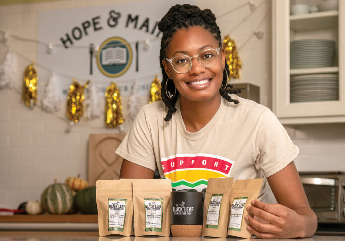 MIXING IT UP: Amber Jackson creates her own blends of loose-leaf tea and sells them at The Black Leaf Tea & Culture Shop, which she launched in 2019 using her own money. / PBN PHOTO/MICHAEL SALERNO