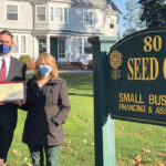 TOP BANKER: David Emmons, vice president and commercial loan officer at Rockland Trust Co., was named 2020 Banker of the Year by the South Eastern Economic Development Corp. At right is Laurie Driscoll, vice president and commercial loan officer at SEED Corp. / COURTESY SOUTH EASTERN ECONOMIC DEVELOPMENT CORP.