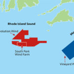 THE REVOLUTION WIND, South Fork Wind Farm and Vineyard Wind offshore wind projects in waters off the coast of southern New England are all currently in various stages of the permitting process. / SOURCE: R.I. DEPARTMENT OF ENVIRONMENTAL MANAGEMENT / PBN FILE GRAPHIC/ANNE EWING