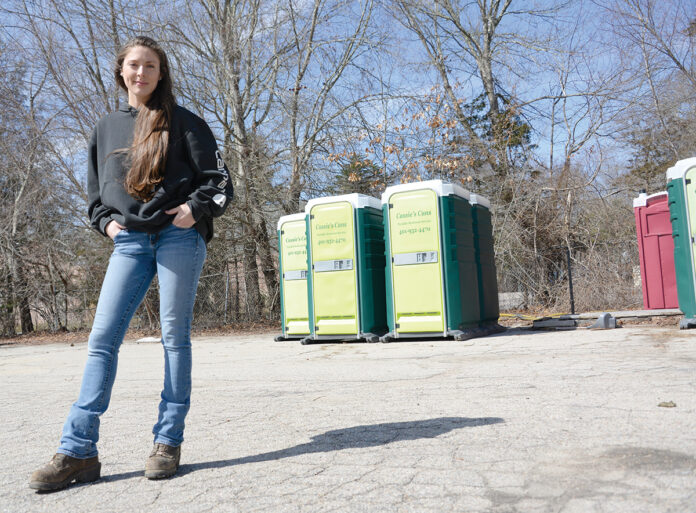 LIFE OF THE POTTY: Cassie Collinson says she’s learned a lot about business since starting Cassie’s Cans Inc. six years ago, when she was 19. The South Kingstown company rents portable toilets for construction sites. / PBN PHOTO/ELIZABETH GRAHAM