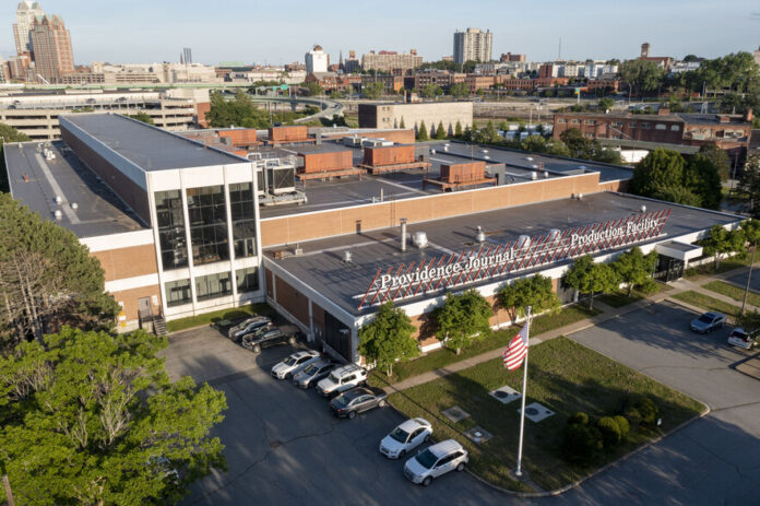 THE 158,400-SQUARE-FOOT PRINTING PLANT used by the Providence Journal was put up for sale by parent company Gannett Co., in a leaseback package with an asking price of $8 million. / COURTESY BELLCORNERSTONE