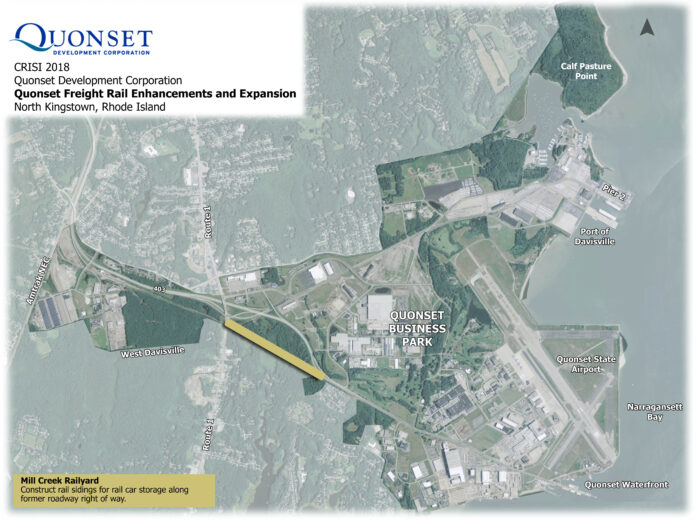 THE QUONSET DEVELOPMENT CORP. is breaking ground on the Mill Creek Railyard on Friday. The map shows the location of the planned railyard in yellow. / COURTESY QUONSET DEVELOPMENT CORP.