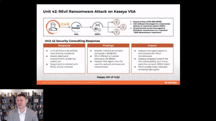 CYBERSECURITY SUMMIT KEYNOTE speaker Dan O'Day, director of Unit 42 by Palo Alto Networks, outlines how a recent ransomware attack against Kaseya, an information technology developer, played out over the Fourth of July weekend this year.