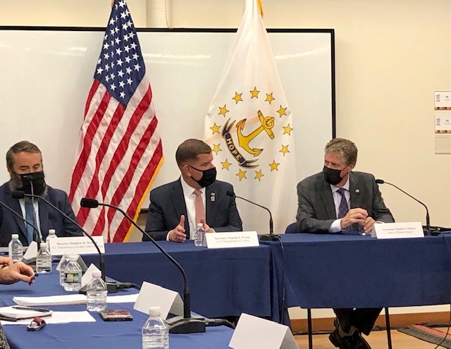 U.S. LABOR SECRETARY Martin J. Walsh, left, participates Monday in a panel discussion about workforce development at Building Futures, a Providence-based job training program. At right in Gov. Daniel J. McKee. PBN PHOTO/CASSIUS SHUMAN