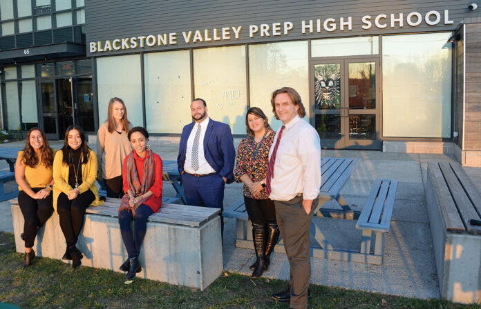 ACADEMY LEADERS: Blackstone Valley Prep Mayoral Academy diversity and inclusion leaders are, from left, teachers Mia Palombo, Angela Garcia, Alicia Canning, Janae McMillan, Chief of Human Capital Joshua Giraldo, teacher Gina Ortega and CEO and Superintendent Jeremy Chiappetta.  PBN PHOTO/ ELIZABETH GRAHAM