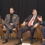 DEEP IN DISCUSSION: Lawrence E. Wilson, far right, managing director at The Wilson Organization LLC, speaks during a panel talk at Providence Business News’ 2021 Diversity & Inclusion Summit and Awards program at Crowne Plaza Providence-Warwick on Dec. 2. The other panel members are, from left, Dorca M. Paulino, diversity director for the R.I. Judiciary; Peter Rodriguez, executive director/plant manager for Amgen Rhode Island in West Greenwich; Kevin Matta, head of diversity and inclusion for Thielsh Engineering Inc.; and Neil D. Steinberg, CEO and president of the Rhode Island Foundation. / PBN PHOTO/MIKE SKORSKI