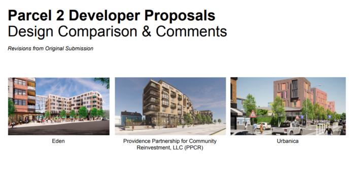 AFTER HEARING PUBLIC INPUT, the I-195 Redevelopment District Commission said it plans to vote on selecting one of three residential building proposals for Parcel 2 during its next public meeting on Feb. 2, 2022. The 1.08-acre site is located next to the Providence River on South Water St. / COURTESY I-195 REDEVELOPMENT DISTRICT COMMISSION