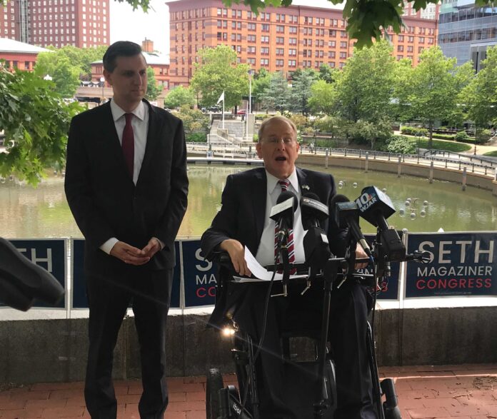REP. JAMES R. LANGEVIN, D-R.I., right, endorses R.I. Treasurer Seth Magaziner for the 2nd Congressional District seat. / PBN PHOTO/JAMES BESSETTE