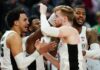 PROVIDENCE COLLEGE, according to president Rev. Kenneth R. Sicard, said the success of the men's basketball team may have influenced more students to attend PC this year. Pictured from left are now former PC players Justin Minaya, Al Durham, Noah Horchler and Nate Watson after defeating the University of Richmond March 19 in the NCAA Tournament's second round. / AP FILE PHOTO/FRANK FRANKLIN II