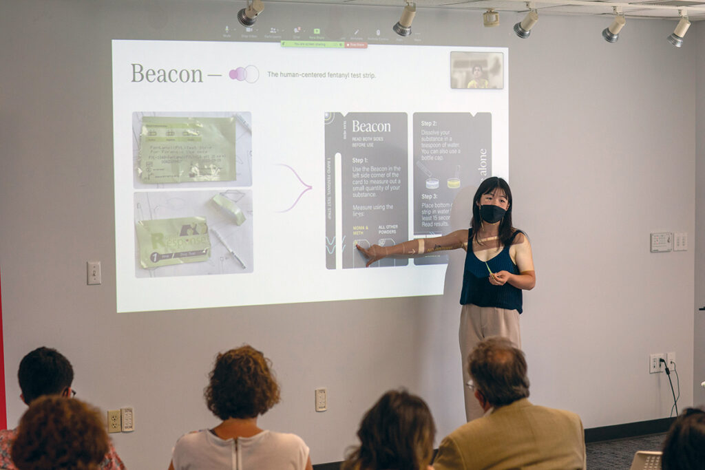 EASY TO UNDERSTAND: Amy Qu, a recent Rhode Island School of Design graduate, presents her redesign of the fentanyl test strips as part of the Design Beyond Crisis studio course in May. The redesign is intended to make the strips easier to use for people without training.  COURTESY RHODE ISLAND SCHOOL OF DESIGN