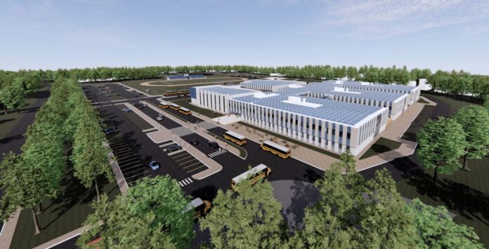 A PRELIMINARY RENDERING shows a new high school in Warwick. The city's school department is planning to construct new high schools to replace both Pilgrim High School and Toll Gate High School. / COURTESY WARWICK PUBLIC SCHOOLS