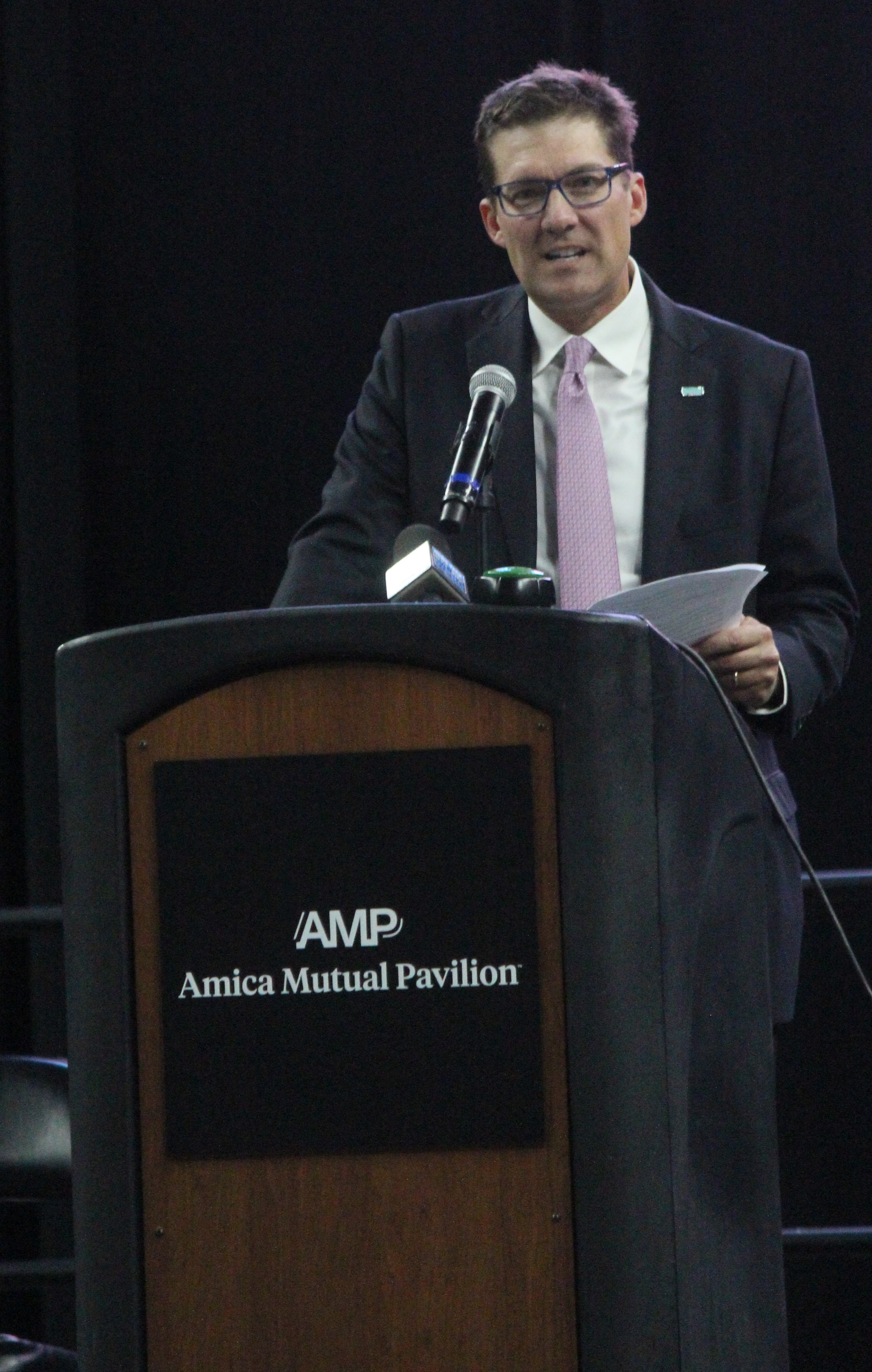 EDMUND 'TED' SHALLCROSS, Amica Mutual Insurance Co.'s incoming CEO and president, addresses the crowd Wednesday inside the newly named Amica Mutual Pavilion in Providence. / PBN PHOTO/JAMES BESSETTE