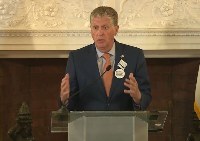 GOV. DANIEL J. MCKEE is looking to hold onto his seat after inheriting it when Gina M. Raimondo was named the U.S. commerce secretary in early 2021. /SCREENSHOT VIA WPRI-TV CBS 12.