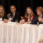 COVID CONVERSATION: Dr. Claire Levesque, second from right, chief medical officer for commercial products at Point 32Health, the parent company of Tufts Health Plan and Harvard Pilgrim Health Care, speaks during one of two panel discussions at PBN’s Fall Health Care Summit on Oct. 27. Also on the panel are, from left, Dr. Kirsten Anderson, medical director at CVS Health Corp./Aetna Inc.; Dr. Louanne Giangreco, senior medical director at Blue Cross & Blue Shield of Rhode Island; Dr. Peter Hollmann, chief medical officer at Brown Medicine; Dr. Alexis Kearney, consultant medical director for Project Firstline RI, Center for Acute Infectious Disease Epidemiology, R.I. Department of Health; and Dr. Jennifer Nuzzo, director of the Pandemic Center at Brown University’s School of Public Health.  PBN FILE PHOTO/MIKE SKORSKI