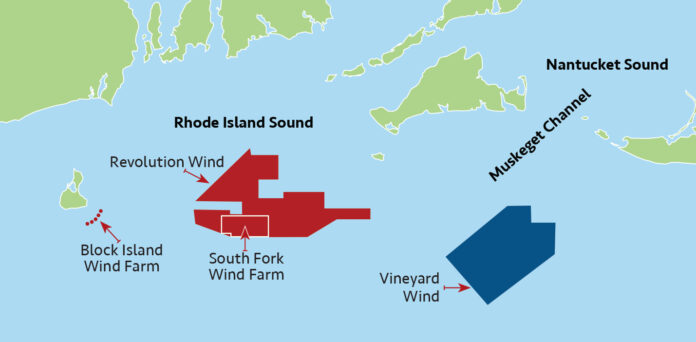 SUCCESSFUL NEGOTIATIONS between the developer for the Revolution Wind project and Rhode Island fishermen over the installation of power cables in the fishing grounds off the Rhode Island coast may be the model on how to resolve future disputes as more offshore wind projects seek approvals. / SOURCE: R.I. DEPARTMENT OF ENVIRONMENTAL MANAGEMENT / PBN GRAPHIC/ANNE EWING