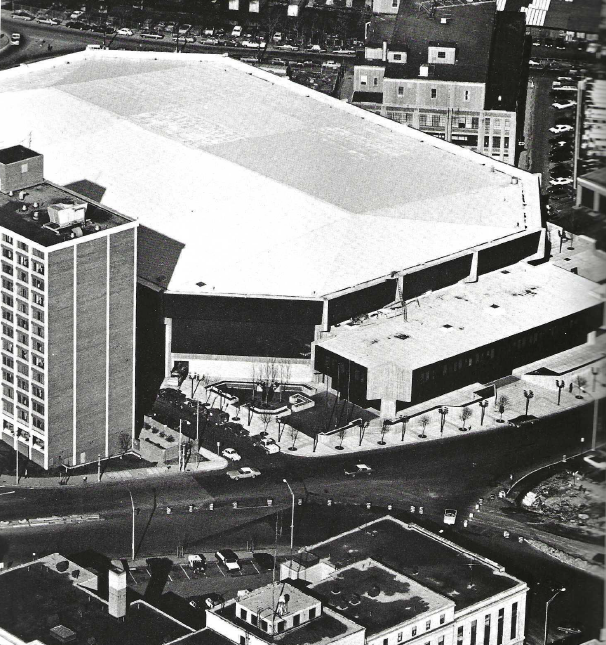 AN AERIAL VIEW of the Amica Mutual Pavilion, then known as Providence Civic Center, in its first year of operation in 1973. / COURTESY OF RI CONVENTION CENTER