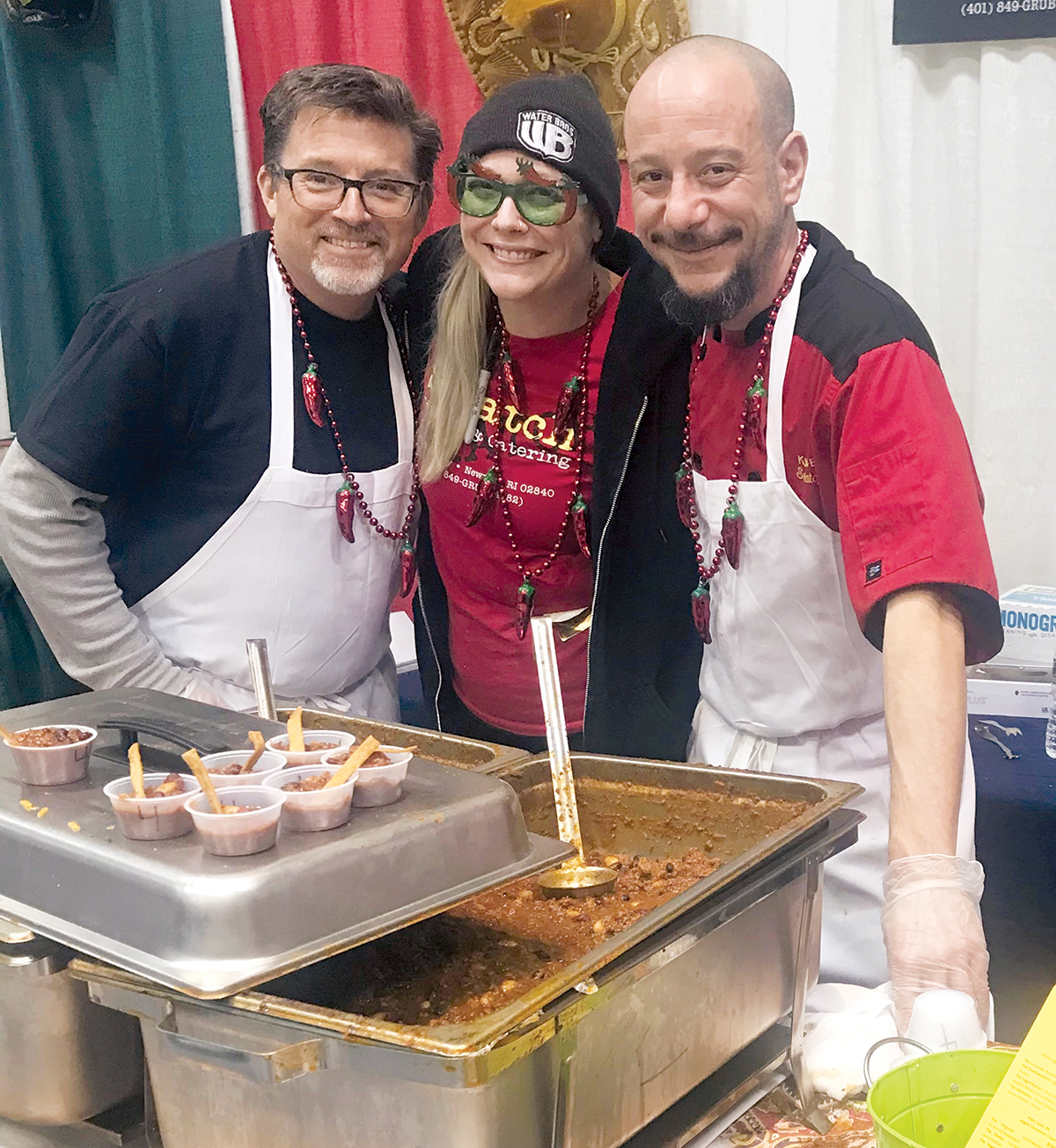 WINTER WARMER: The Chili Cook-Off is coming back to Newport after a two-year hiatus. From left, Jeff Rollings, Annie Sheehan and Kyle Bennett from Scratch Kitchen & Catering in Newport took part in the previous cook-off in 2020, just before the ­COVID-19 pandemic struck.  COURTESY NEWPORT WINTER FESTIVAL