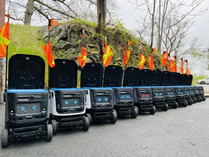 STONEHILL COLLEGE will receive 15 new Kiwibot food delivery robots for its campus. / COURTESY KIWIBOT