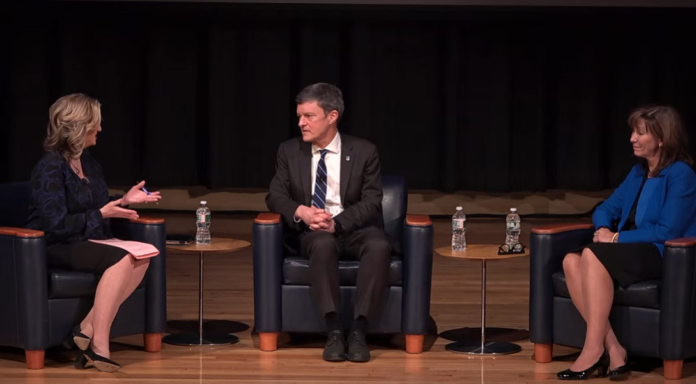 MARC B. PARLANGE, center, president of the University of Rhode Island, answers questions from Greater Providence Chamber of Commerce President Laurie White, left, and URI Provost Barbara Wolfe during Wednesday's State of the University event. / SCREENSHOT VIA YOUTUBE