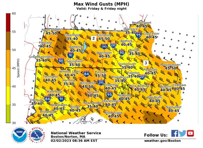 A WAVE of frigid weather began rolling into the Northeast Friday. Providence was at 17 degrees at 3 p.m. Friday with a windchill of minus 8. Wind gusts in the evening cold get as high as 44 degrees that could lower wind chill factors to as low as minus 28. / COURTESY NATIONAL WEATHER SERVICE