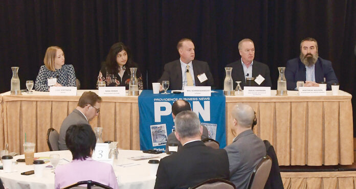 WORK-FOCUSED: Panelists lead a discussion at Providence Business News’ 2023 Workforce Development Summit on Feb. 16. The panel included, from left, Julie Matthew, Nina Pande, Bill Schmiedeknecht, Doug Sherman and Matthew Weldon.  PBN PHOTO/MIKE SKORSKI