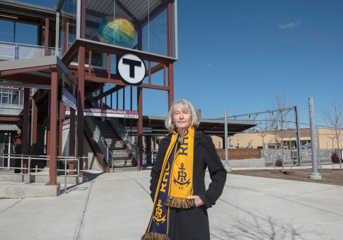 RENEWED INTEREST: Pawtucket Foundation Executive Director Jan A. Brodie stands in front of the Pawtucket-Central Falls Transit Center, which has been attracting residential and commercial development interest to the area since opening on Jan. 23.  PBN PHOTO/MICHAEL SALERNO