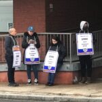 TEAMSTERS LOCAL 251 members who are employees at the Rhode Island School of Design picket outside a campus building Thursday morning. / PBN PHOTO/JAMES BESSETTE