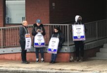 TEAMSTERS LOCAL 251 members who are employees at the Rhode Island School of Design picket outside a campus building Thursday morning. / PBN PHOTO/JAMES BESSETTE