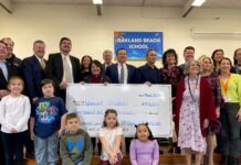 STATE AND EDUCATION OFFICIALS present a grant to Warwick Schools at Oakland Beach Elementary School. The state has awarded 21 grants to local education agencies and nonprofit partners totaling $3.9 million. / COURTESY GOV. DANIEL J. MCKEE