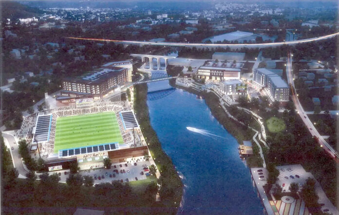 PAWTUCKET OFFICIALS gave decided to delay issuing $27 million in public bonds planned to help finance the Tidewater Landing project. / COURTESY FORTUITOUS PARTNERS