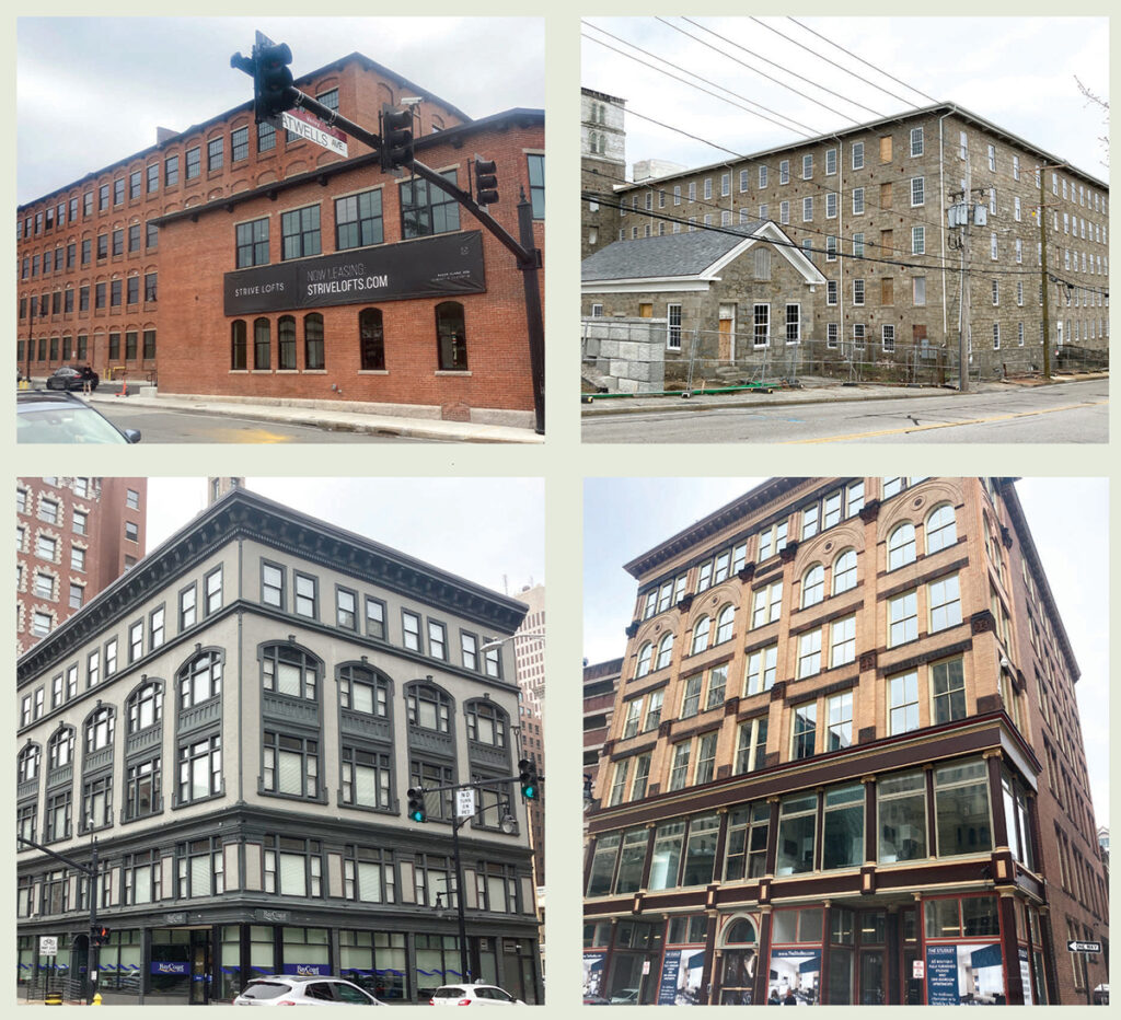 HOUSING HELP: Projects that received $5.9 million in grants to designate workforce housing units include, clockwise from top left, Strive Lofts in Providence (20 units), Arctic Mill in West Warwick (31 units), Studley Building in Providence (14 units) and Case Mead Lofts in Providence (nine units).  PBN PHOTOS