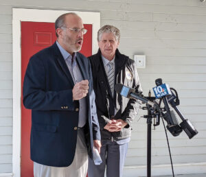 FACING A CHALLENGE: R.I. Secretary of Housing Stefan Pryor, left, and Gov. Daniel J. McKee attend a news conference on the state’s housing crisis in February, shortly after Pryor was appointed.  PBN FILE PHOTO/JACQUELYN VOGHEL