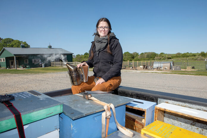 BUSY BEEKEEPER: In addition to maintaining her own hives, Little Rhody Beekeeping owner Cynthia Holt harvests and sells honey, teaches beekeeping classes, conducts pollen monitoring and works as a contractor for the state’s apiary inspector.  PBN PHOTO/KATE WHITNEY LUCEY