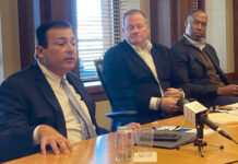 GROWTH PLAN: House Speaker K. Joseph Shekarchi, left, speaks during an October press conference supporting state investment in the biotechnology and life sciences sector. Also pictured are Robert  Coughlin, middle, and Travis McCready of JLL Inc.  PBN FILE PHOTO/ CHRISTOPHER ALLEN
